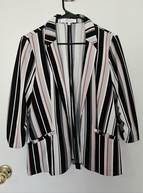 Striped Open-Front Blazer Jacket - Pink/Black/White SIZE M